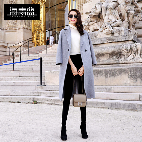 海青蓝秋冬女2018新款时尚气质宽松中长款外套双面呢子大衣06105商品大图