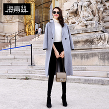 海青蓝秋冬女2018新款时尚气质宽松中长款外套双面呢子大衣06105图片