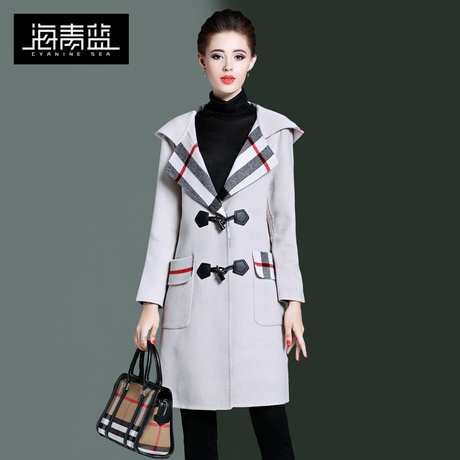 海青蓝冬装女2018新款时尚连帽长袖宽松休闲中长款毛呢外套06305商品大图