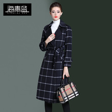 海青蓝2018冬装新款女装翻领长袖羊毛大衣绑带格子毛呢外套06331图片