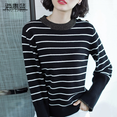 海青蓝2018秋季新款时尚圆领长袖显瘦条纹休闲毛针织衫女装06818商品大图