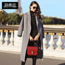 海青蓝2018冬季新款时尚长袖西装领修身过膝百搭毛呢外套女06182图片