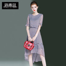 海青蓝2018夏季新款女装五分袖荷叶边收腰中长款印花连衣裙03400图片