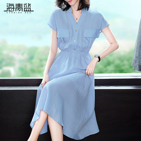 海青蓝2018夏季新款女装气质短袖收腰中长款条纹衬衫连衣裙03627商品大图
