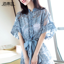 海青蓝2018夏季新款女装时尚蝙蝠袖绑带宽松短款蕾丝连衣裙01508图片