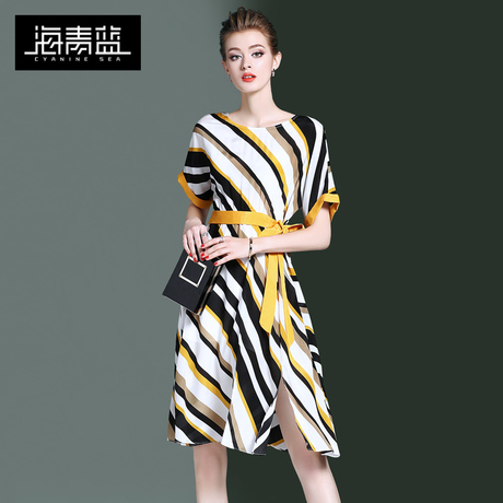 海青蓝2018夏季新款女装半袖系带时尚条纹宽松通勤a字连衣裙03047商品大图