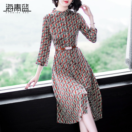 海青蓝2018秋季新款气质高腰女装裙子修身洋气大摆连衣裙潮04601商品大图