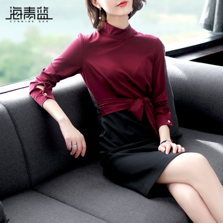 海青蓝女装秋2018新款连衣裙时尚撞色系带收腰显瘦一步裙子04702商品大图