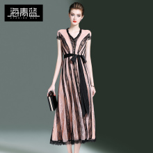 海青蓝2018夏季新款女时尚v领短袖系带蕾丝拼接中长款连衣裙03032图片