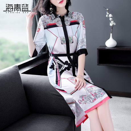 海青蓝2018秋季新款女polo领五分袖绑带时尚印花衬衫连衣裙04535商品大图