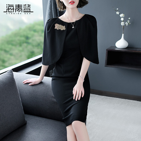 海青蓝2018秋装新款女装黑色短袖修身显瘦中长款包臀连衣裙04968商品大图