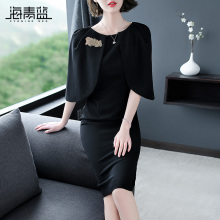海青蓝2018秋装新款女装黑色短袖修身显瘦中长款包臀连衣裙04968图片