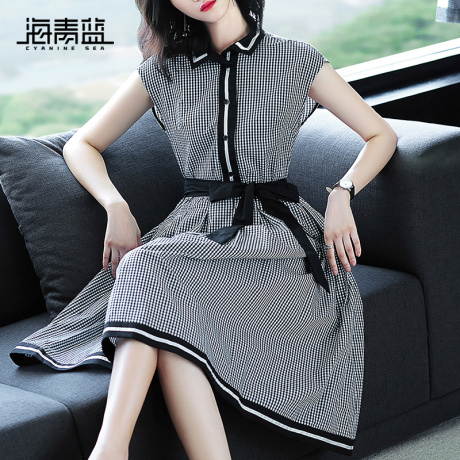 海青蓝2018夏季新款时尚休闲无袖格子宽松舒适潮流连衣裙女02923商品大图