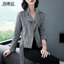 海青蓝2018秋季新款时尚长袖翻领格子修身显瘦休闲短外套女06542图片