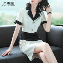 海青蓝2018夏季新款女装OL时尚气质V领短袖高腰修身连衣裙子02819图片