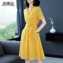 海青蓝2018夏季新款女装OL通勤绑带收腰极简主义条纹连衣裙03304图片