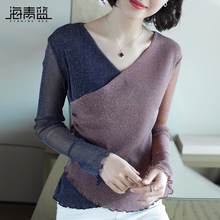 海青蓝秋冬女装2018新款时尚修身撞色荷叶边长袖百搭打底衫06816图片