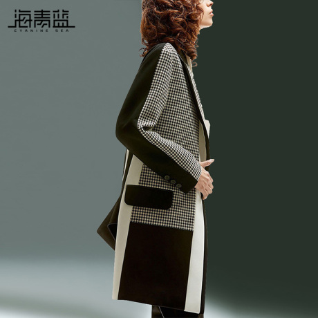 海青蓝2018秋装新款女时尚气质休闲撞色中长款格子西装外套06896商品大图