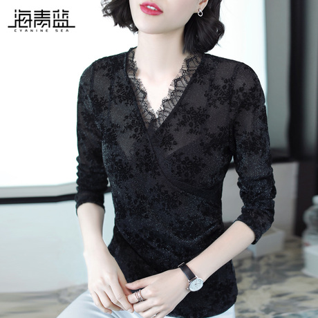 海青蓝秋装女2018新款时尚百搭上衣气质修身印花长袖打底衫06801商品大图