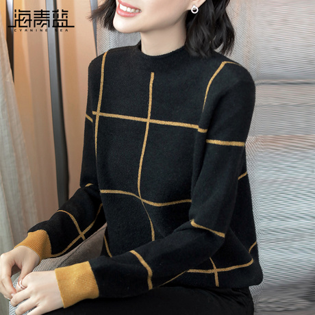 海青蓝2018秋季新款女装时尚圆领长袖宽松显瘦百搭毛针织衫08997商品大图