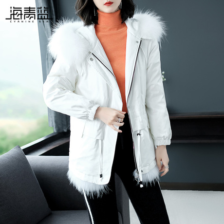 海青蓝冬季2018流行外套女时尚宽松加厚收腰修身毛领羽绒服09110商品大图