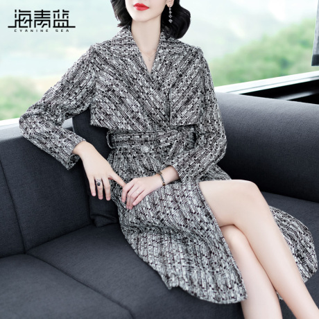 海青蓝2018秋季新款时尚翻领长袖宽松显瘦中长款休闲外套女09067商品大图