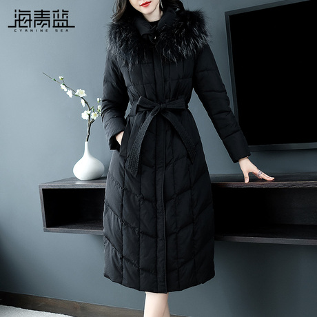 海青蓝2018冬季新款时尚毛绒连帽长袖修身显瘦保暖羽绒服女09107商品大图