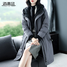 海青蓝冬装2018流行外套女时尚长袖宽松加厚中长连帽羽绒服09105图片