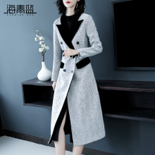 海青蓝2018秋冬新款时尚翻领长袖修身显瘦系带中长款外套女09128图片