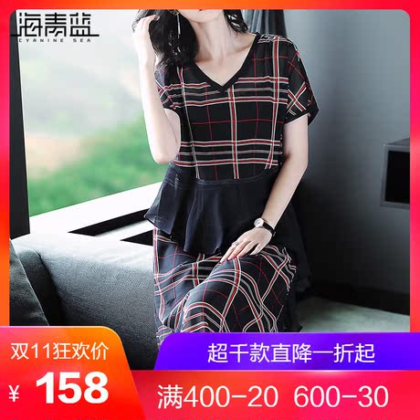 海青蓝2018夏季新款女装短袖欧美时尚V领格子气质宽松连衣裙02422商品大图