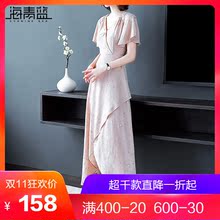 海青蓝2018夏季新款女装时尚V领短袖高腰修身显瘦星星连衣裙03829图片