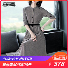 海青蓝2018秋装新款女装时尚圆领束腰中长款纯棉格子连衣裙04216图片