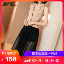 海青蓝2018夏季新款女装气质无袖假两件个性拼接网纱连衣裙01846图片