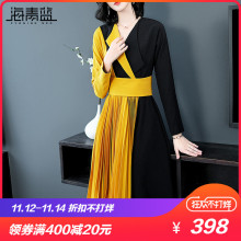 海青蓝2018秋装新款女时尚气质长袖收腰拼接百褶chic连衣裙05284图片