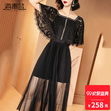 海青蓝2018夏季新款欧美时尚蕾丝拼接收腰仙女网纱连衣裙女01997商品大图