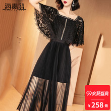 海青蓝2018夏季新款欧美时尚蕾丝拼接收腰仙女网纱连衣裙女01997图片