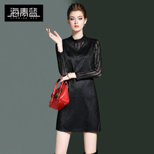 海青蓝2017秋季女装新款黑色气质时尚显瘦修身网纱亮丝连衣裙3902图片