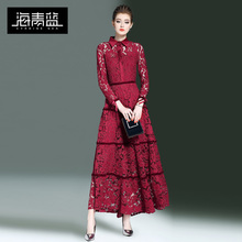海青蓝2018春装新款九分袖气质蕾丝时尚收腰修身显瘦连衣裙00333图片