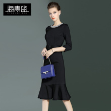 海青蓝2017秋冬女装新款欧美优雅收腰圆领七分袖荷叶边连衣裙5008图片