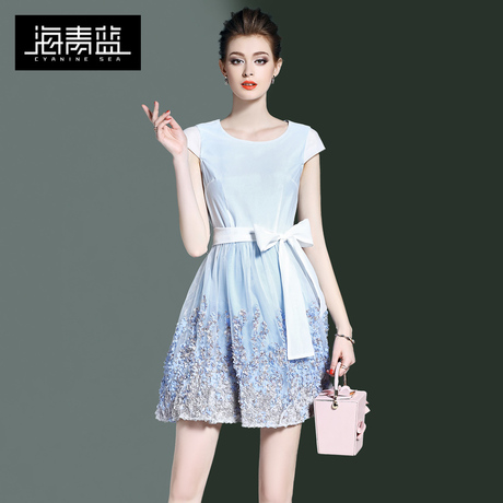 海青蓝2018春装新款女装圆领时尚短袖气质网纱系带收腰连衣裙5607商品大图