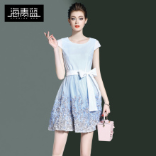 海青蓝2018春装新款女装圆领时尚短袖气质网纱系带收腰连衣裙5607图片