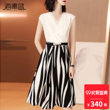 海青蓝2018夏季新款女装气质无袖冷淡风时尚拼接高腰连衣裙02107图片