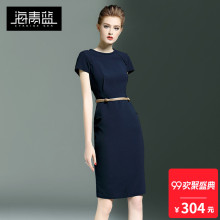 海青蓝2018夏季新款时尚短袖气质收腰修身包臀开叉连衣裙女00974图片