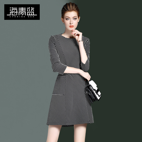 海青蓝2017秋季女装新款时尚休闲气质圆领条纹长袖收腰连衣裙3900商品大图