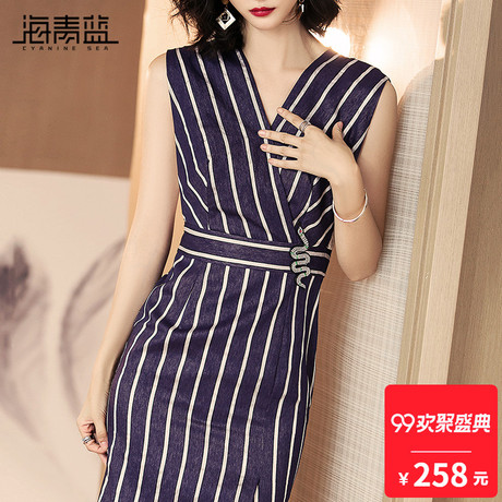 海青蓝2018夏季新款气质V领无袖个性竖条纹拼接修身连衣裙女01975商品大图