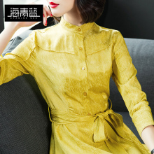 海青蓝2018春款淑女时尚圆领长袖收腰中长款A字纯色连衣裙潮00489图片