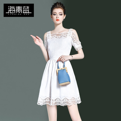 海青蓝2018春装新款女装时尚短袖气质收腰显瘦漏背修身连衣裙5614商品大图