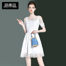 海青蓝2018春装新款女装时尚短袖气质收腰显瘦漏背修身连衣裙5614图片