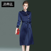 海青蓝2018春装新款女装长袖气质收腰修身显瘦时尚A字连衣裙00309图片
