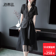 海青蓝2018夏季新款时尚青春欧美复古型西装领收腰连衣裙女02660图片